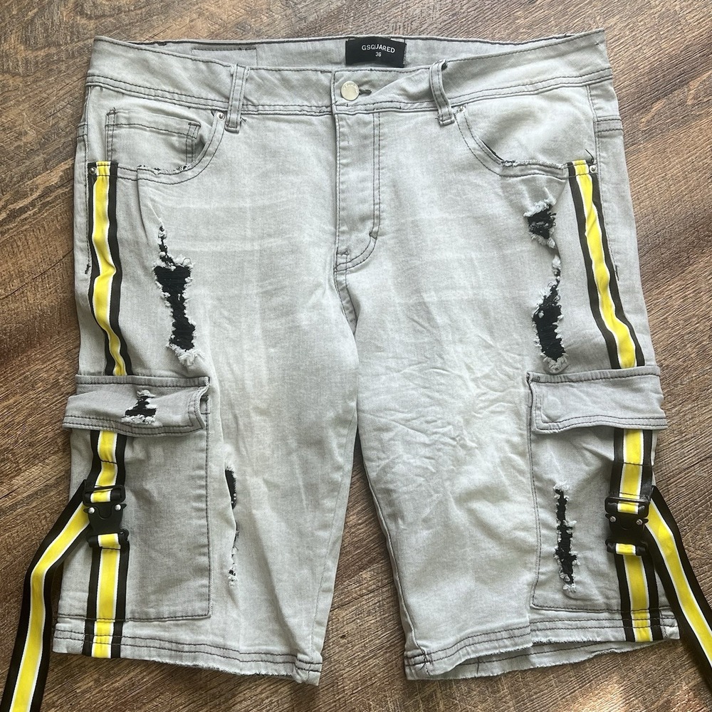 Gsquared Denim Cargo Shorts Jorts 36 Gray Multi Heavy Distressing Streetwear